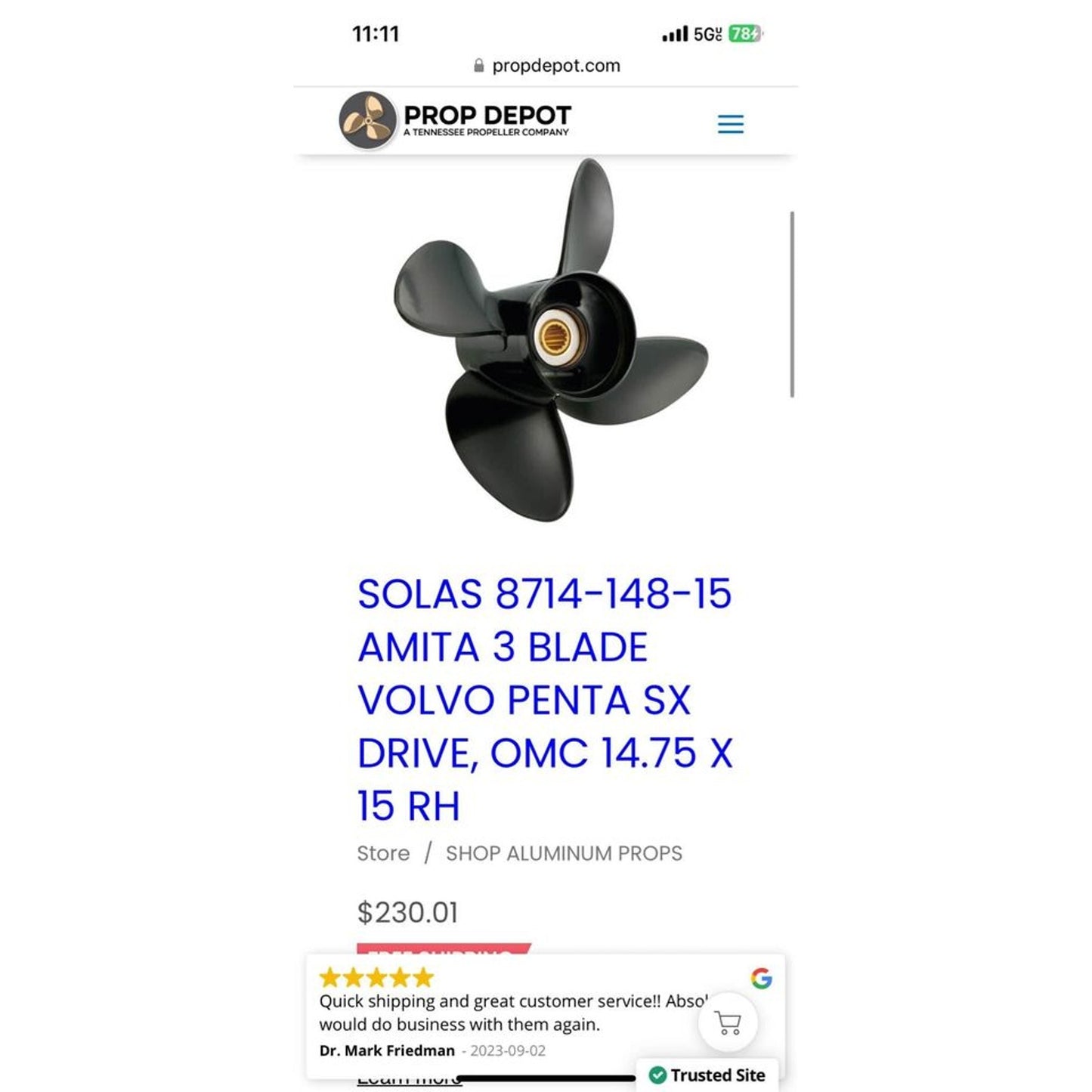 SOLAS prop 8714-148-15 AMITA 3 BLADE VOLVO PENTA SX DRIVE, OMC 14.75 X 15 RH propeller