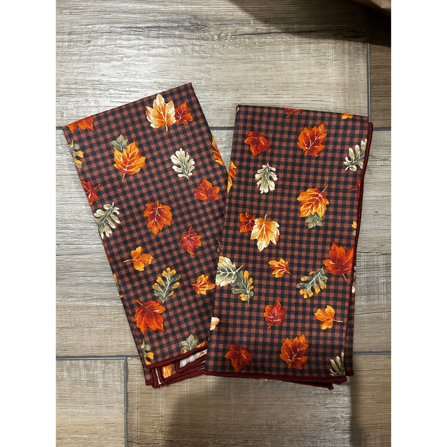 Longaberger Fall GINGHAM LEAVES napkins fabric squares set of 2