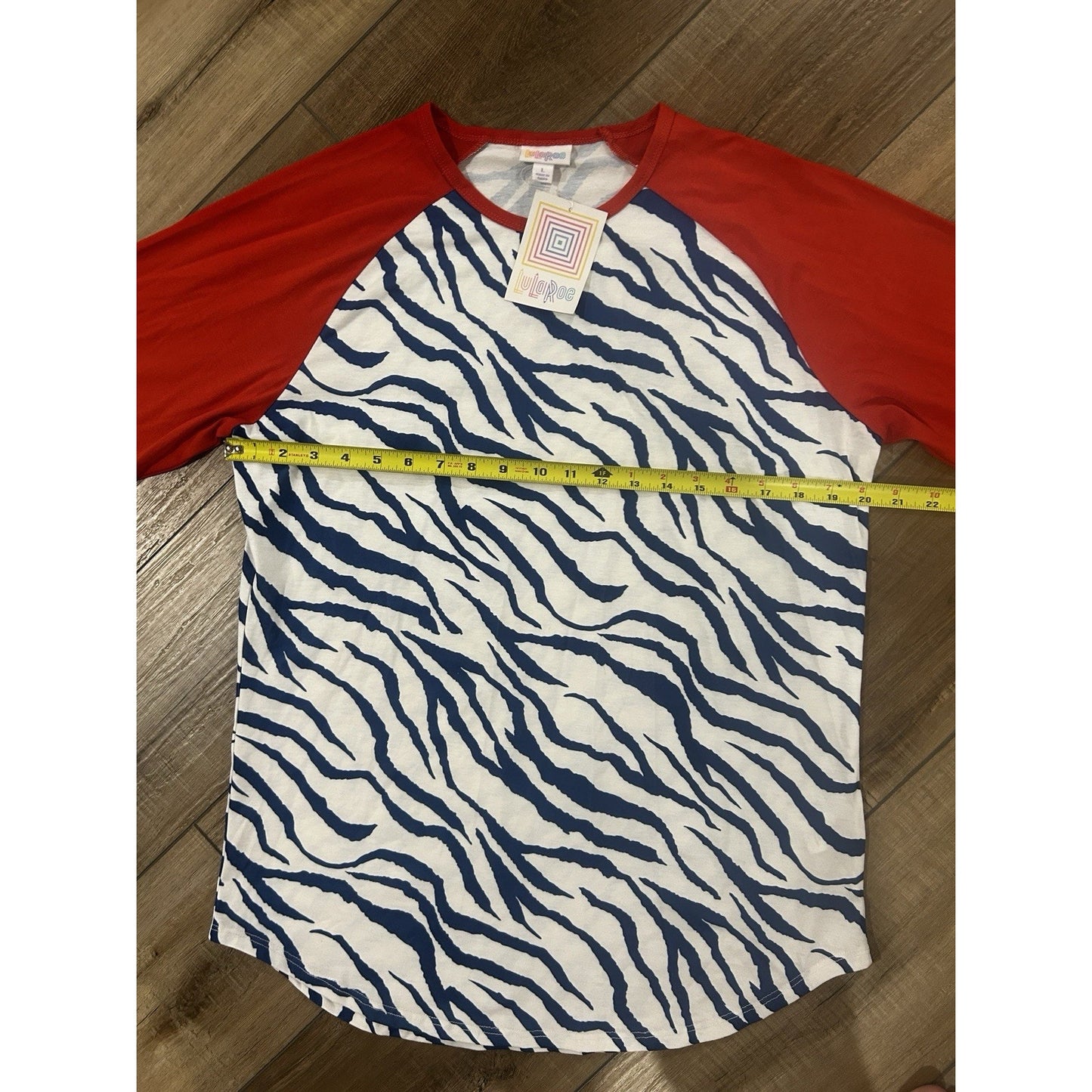 LuLaRoe LARGE Randy Top Shirt Blue Zebra Print 3/4 Red sleeves NEW patriotic