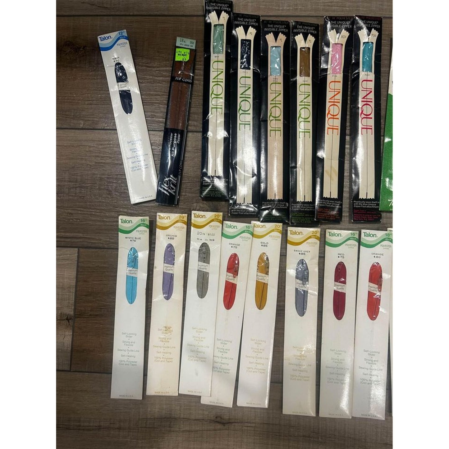 32 Vintage Zippers by UNIQUE , Talon , JP Coats, Flex knit, clarks, conmar NEW in original pkg