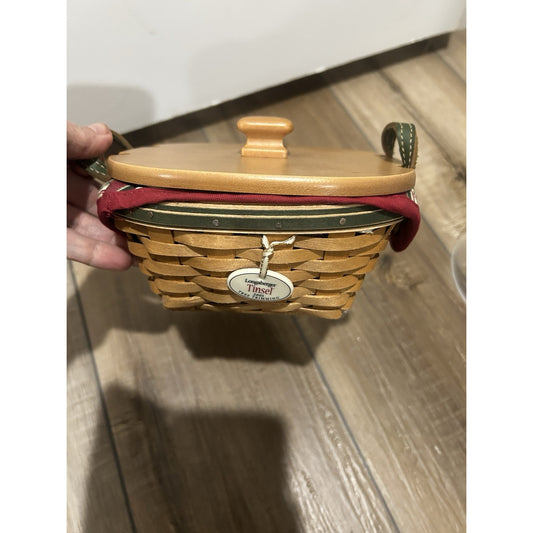 Longaberger 2005 Tree Trimming Tinsel Basket Set & Lid Green 7th Edition