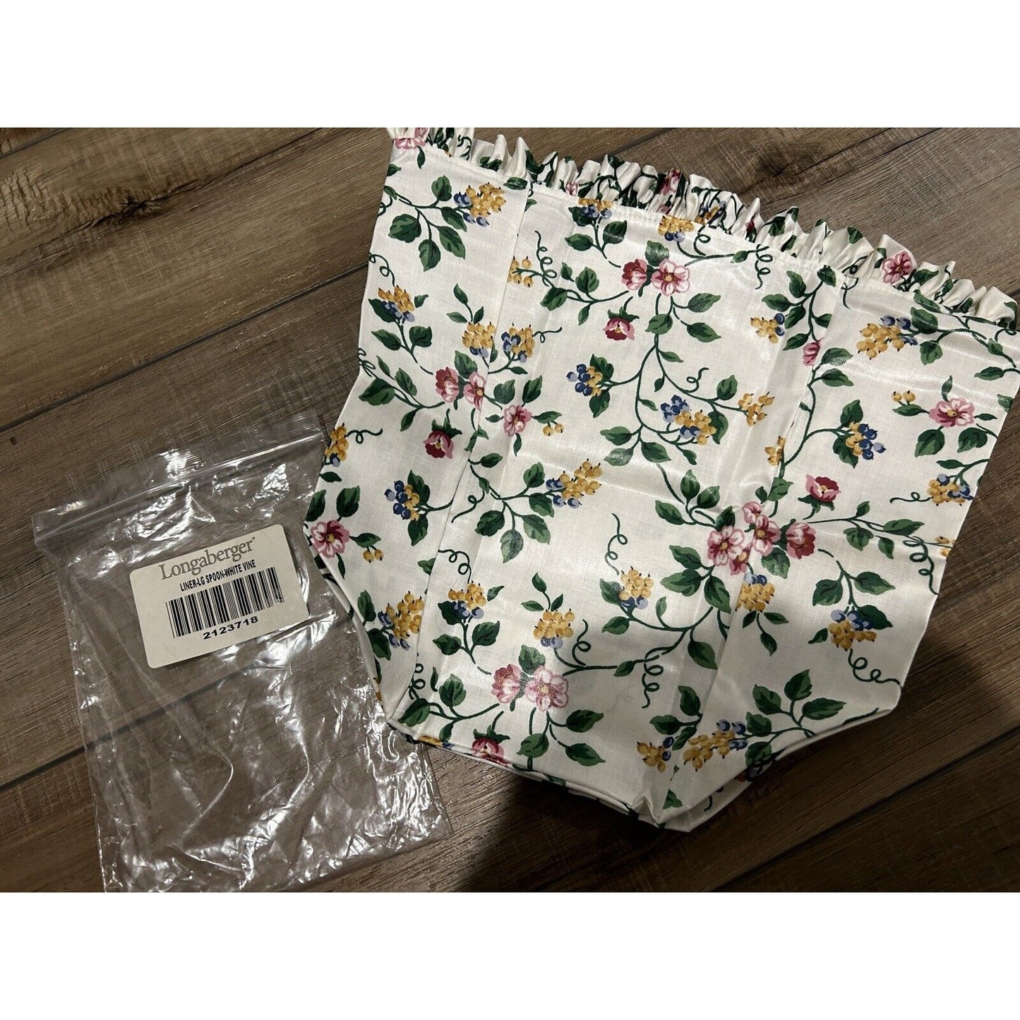 Longaberger Large Spoon Mini Waste Basket Liner WHITE VINE floral NEW ruffles