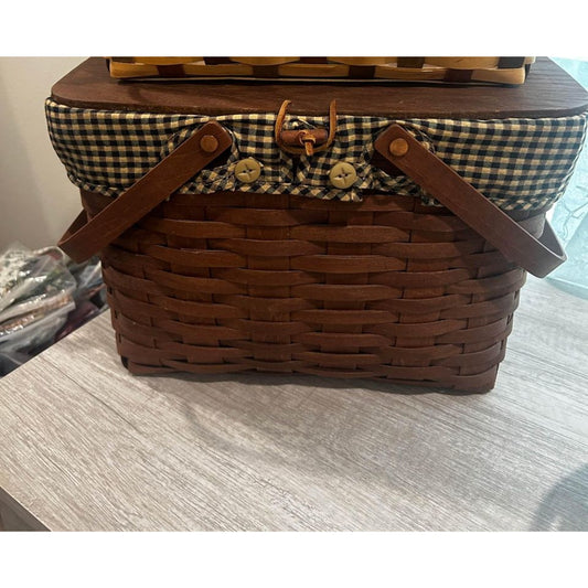 Longaberger Picnic basket khaki check liner & riser Rich brown Fall