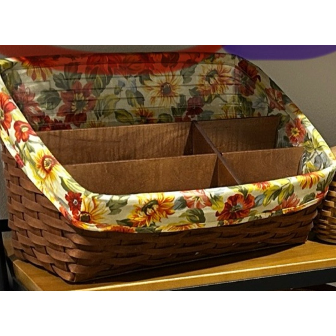 Longaberger Large Desktop Basket SUNFLOWER Liner & Protector / dividers rich brown