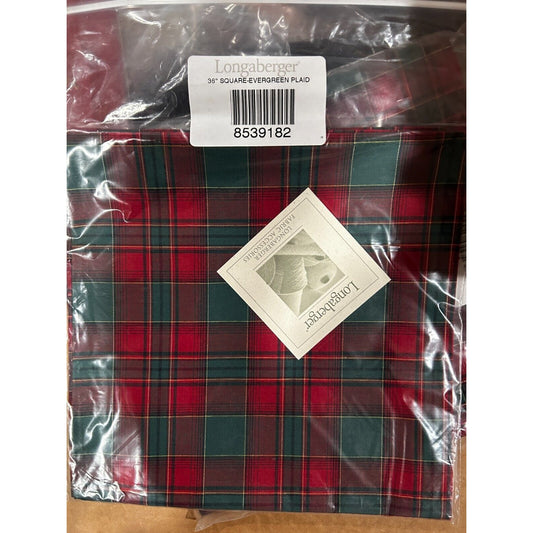 Longaberger Basket Christmas Evergreen Plaid 36" Fabric Table Square cloth NEW