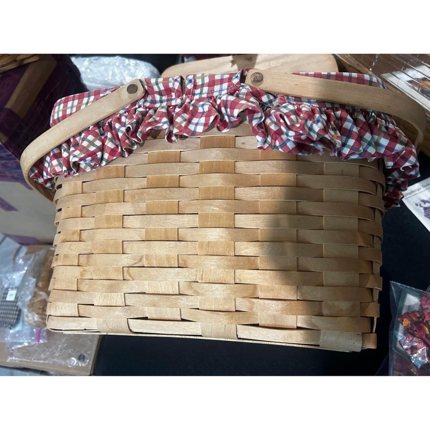Longaberger Large picnic basket with cherry plaid liner Natural