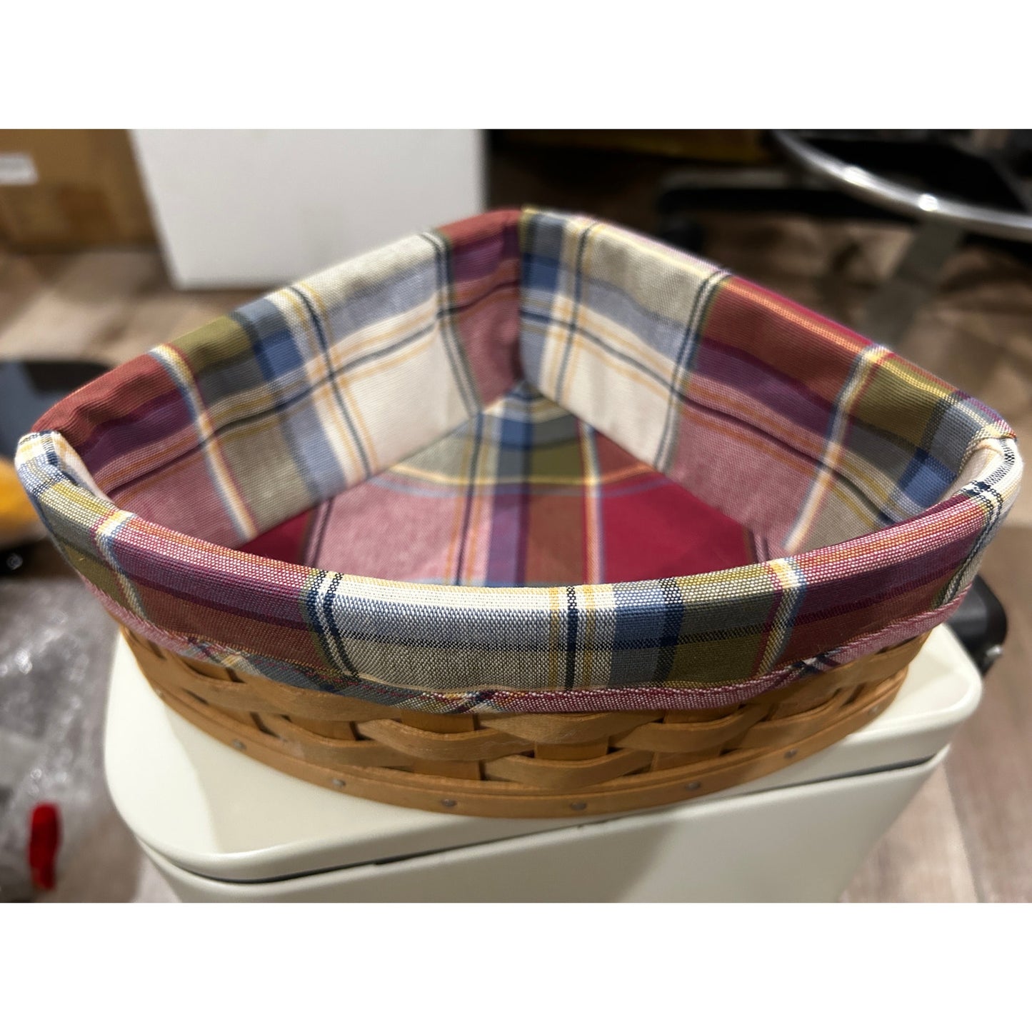 Longaberger Small Corner Basket & Paprika plaid liner