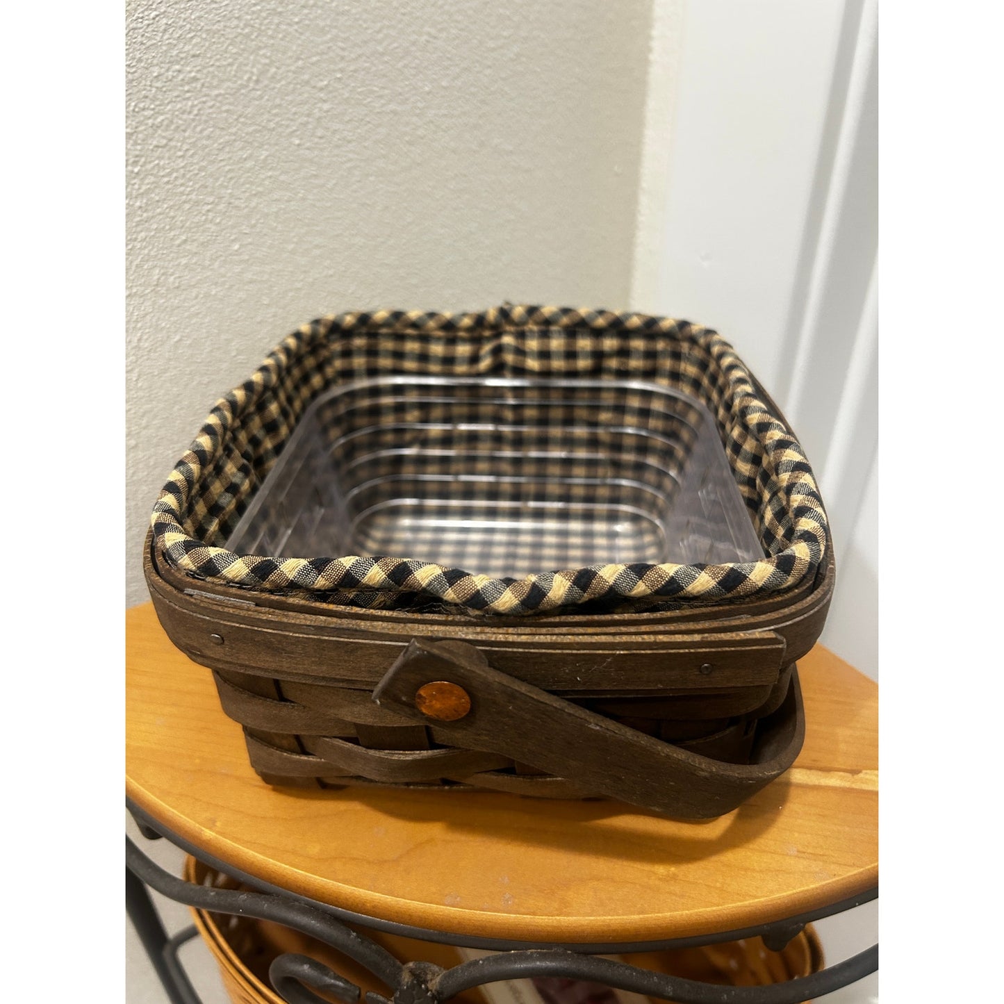 Longaberger Medium Berry basket Khaki check liner & hard protector Deep Brown