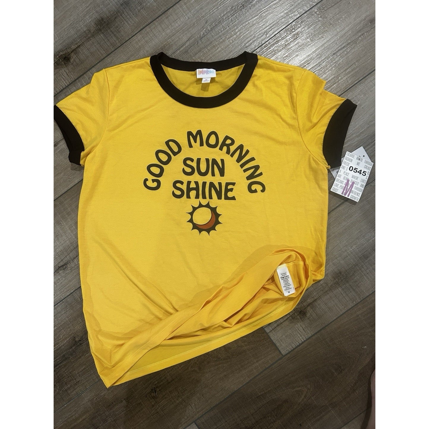 NWT LuLaRoe MEDIUM Liv T-Shirt Gold Dark Brown Ringer Good Morning Sunshine Sun