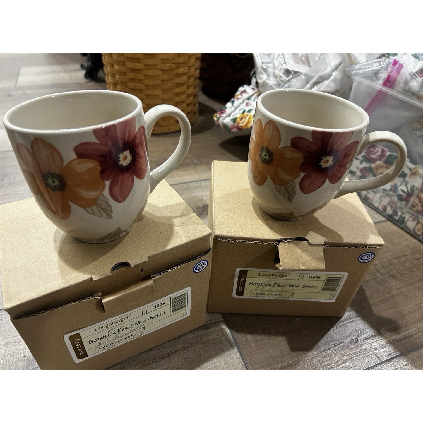 2 Longaberger Botanical Field Mugs Butterfly Flowers Pottery Coffee Tea Cups NEW