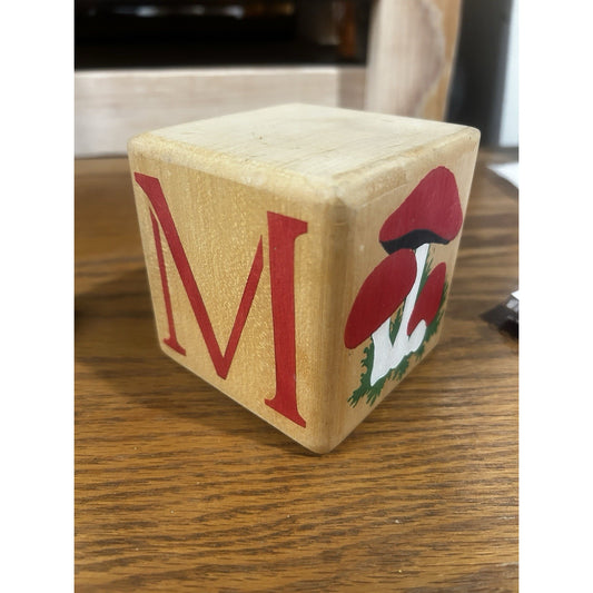 Kim Dormandy Turner Signed M for Mushrooms Wooden Alphabet Block 1989 3.5"