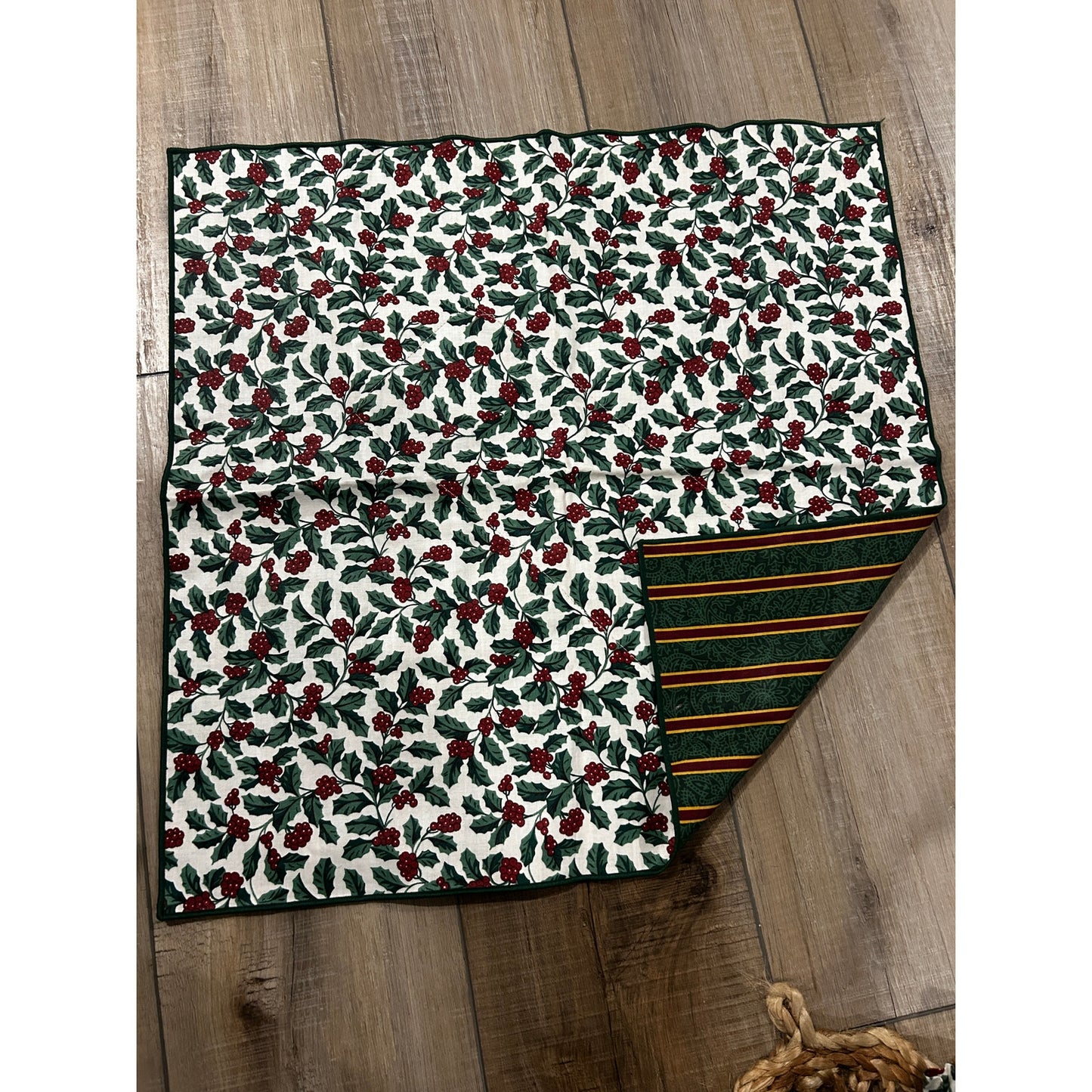 Longaberger Basket Cracker Brick Cover 21" Fabric square Christmas Holly Stripe