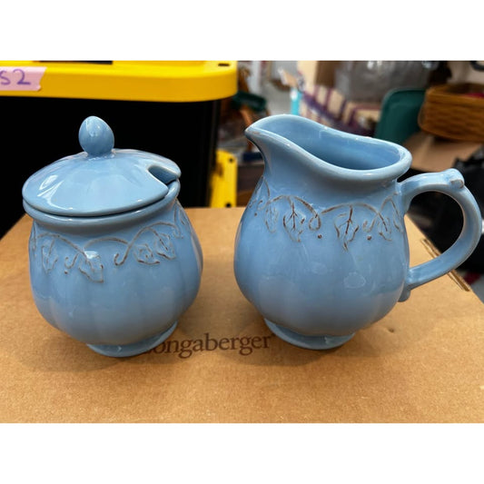 Longaberger Baskets Vintage Vine Creamer & Sugar Set Pottery  Blue Mist set
