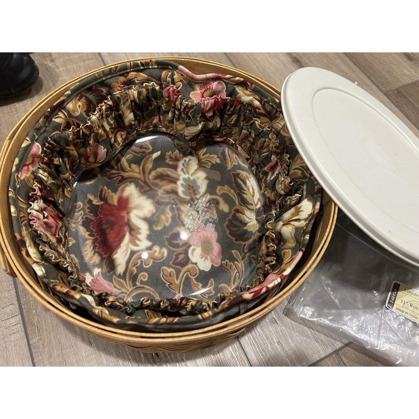 Longaberger Round Keeping Basket 11" Lidded Protector & Majolica Garden Liner