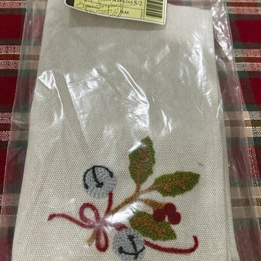 Longaberger HOLLY BELLS embroidered Napkins Set of 2 NEW Flax fabric