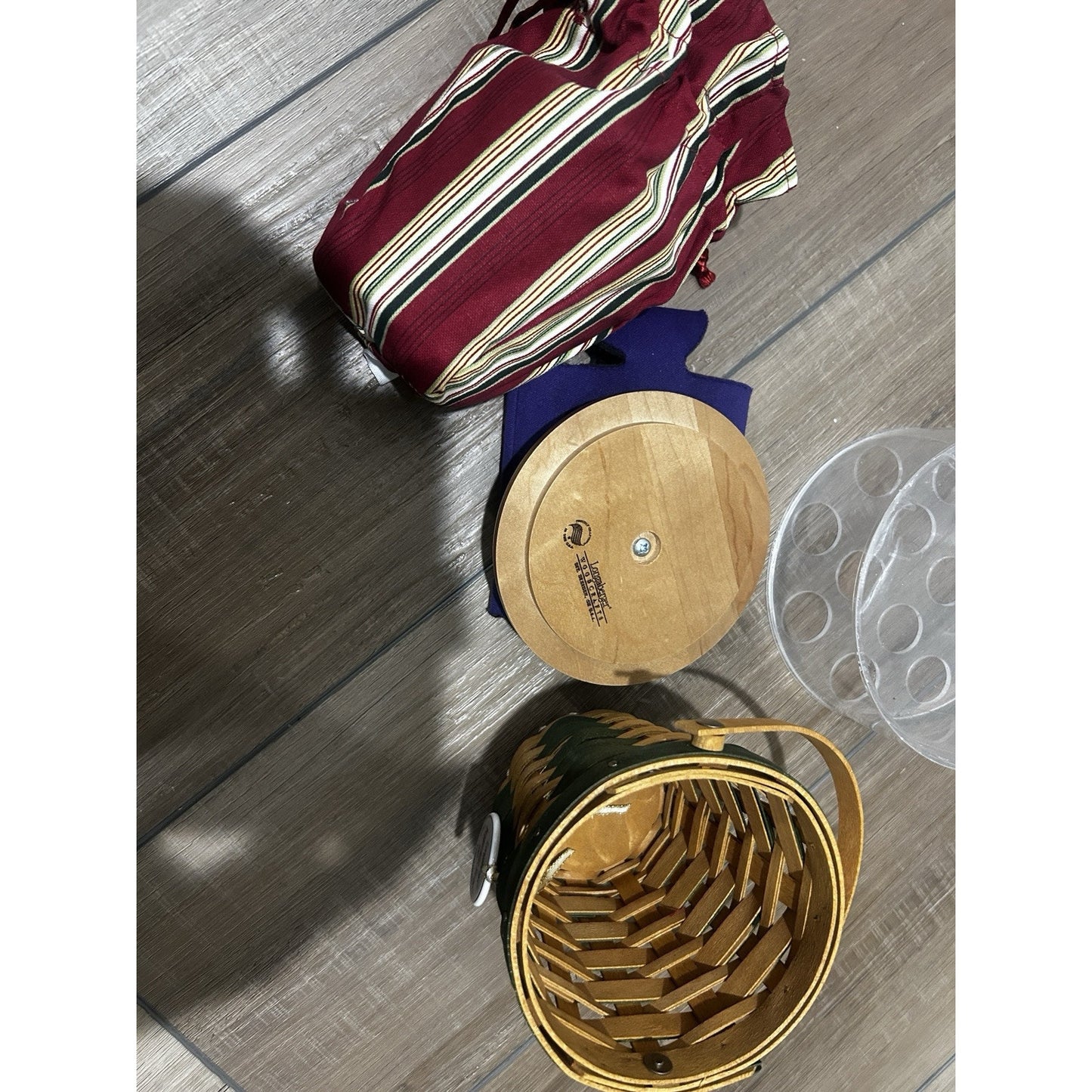 Longaberger 2007 Peppermint Stripe Tree Trimming Basket Green Liner Tie On & Lid