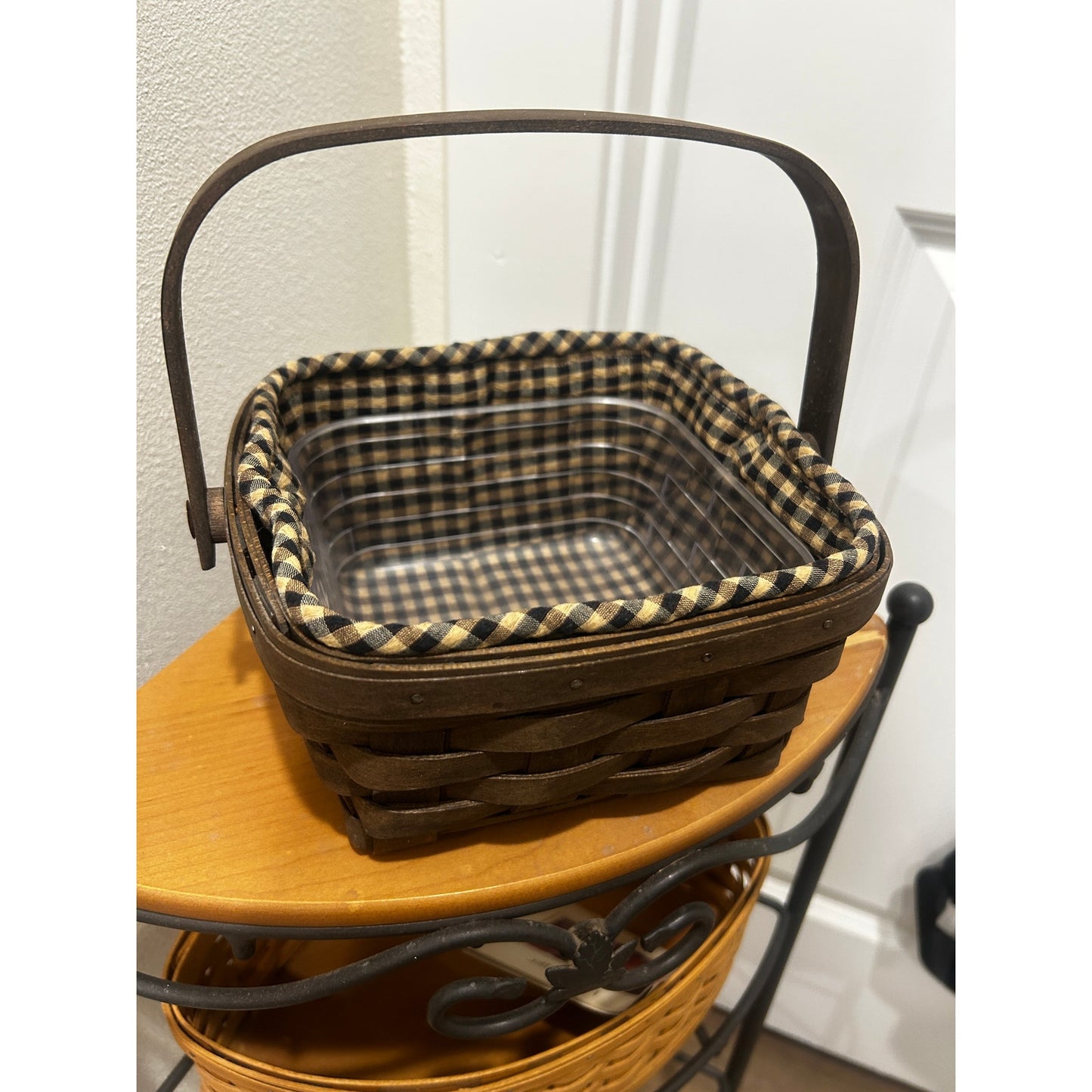 Longaberger Medium Berry basket Khaki check liner & hard protector Deep Brown